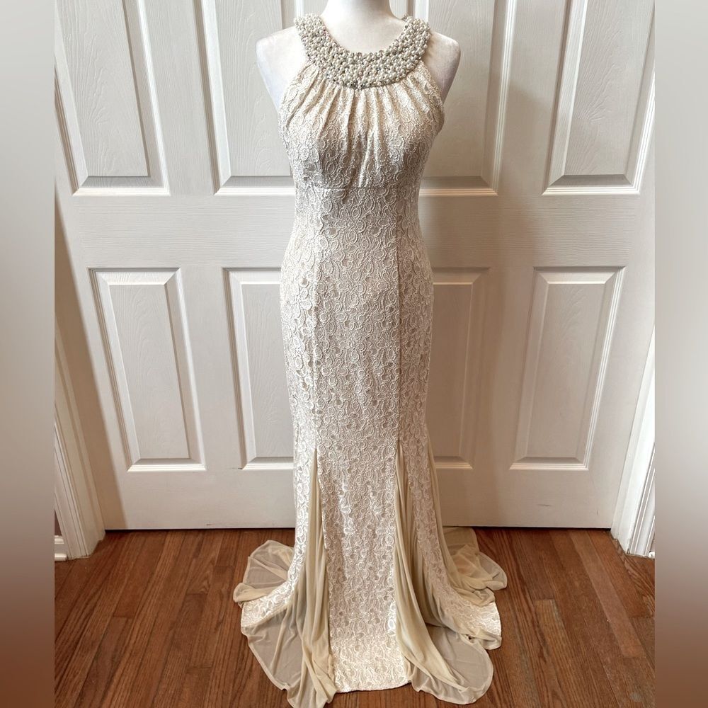 Cache Champagne Lace Gown with Pearl Neck and Godet Mesh Insert Size 4 EUC